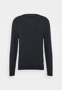 Dunkelblauer Pullover aus strukturiertem Strickmaterial, mit Rundhalsausschnitt und langen Ärmeln, sowie gerippten Bündchen und Saum.