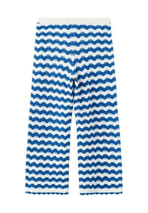 Modré a biele pletené nohavice s vlnitým pruhovaným vzorom, širokými nohavicami a rebrovaným pásom.