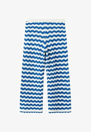 Blau-weiße gestrickte Hose mit einem wellenförmigen Streifenmuster, weitem Bein und einem gerippten Bund.
