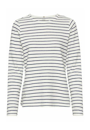 White long-sleeve shirt with navy horizontal stripes. Features a round neckline and side slits at the hem. Made from soft cotton fabric.