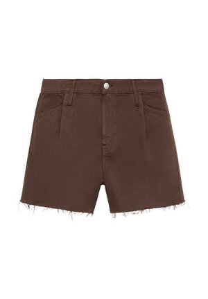 Brown denim shorts with a frayed hem, classic five-pocket design, front button closure, and smooth texture.