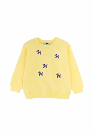 Gelbes Sweatshirt mit langen Ärmeln und fünf kleinen, auf der Vorderseite verteilten, blau-roten Stickereien in Form von Ballonhunden.
