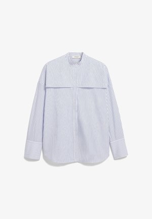 Chemise à rayures bleu clair et blanche. Dotée d'un col montant, de longues manches et de deux poches poitrine. Tissu lisse et léger.
