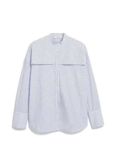 Gestreifte Button-Up-Bluse in Hellblau und Weiß. Mit Stehkragen, langen Ärmeln und zwei Brusttaschen. Glatter, leichter Stoff.