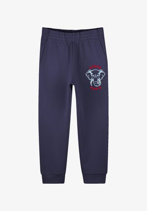 Navyblauwe joggingbroek van zachte stof, met een olifant graphic en "KENZO PARIS" tekst in het rood op de linker dij. Elastische tailleband.