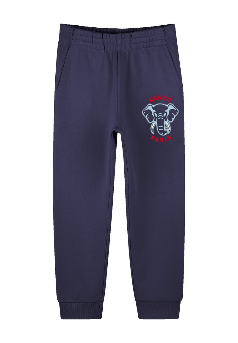 Navyblauwe joggingbroek van zachte stof, met een olifant graphic en "KENZO PARIS" tekst in het rood op de linker dij. Elastische tailleband.