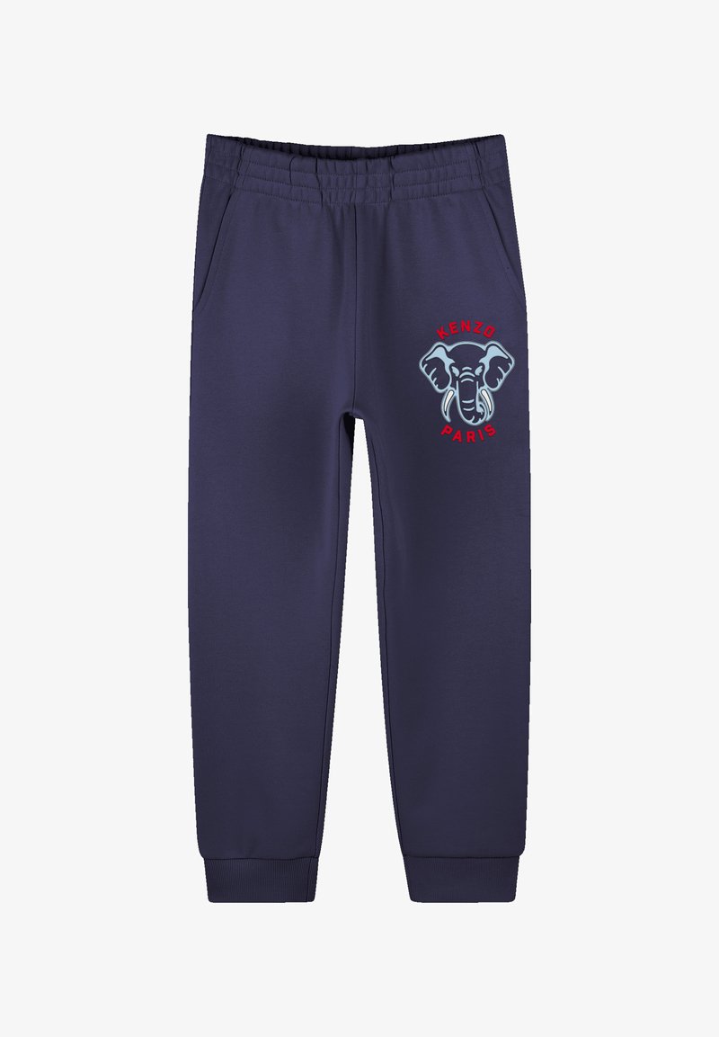 Pantalons de jogging bleu marine en tissu doux, arborant un graphique d'éléphant et le texte "KENZO PARIS" en rouge sur la cuisse gauche. Taille élastique.
