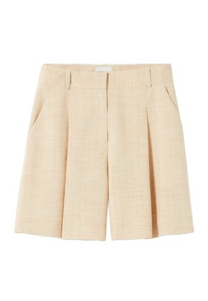 Pantalones cortos plisados beige, confeccionados en una tela texturizada, con bolsillos laterales y una cinturilla. Parte frontal plana con un sutil patrón tejido.