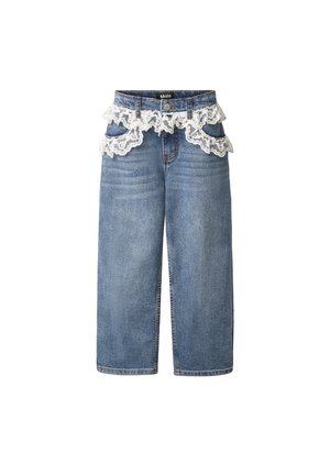 Modré denimové široké nohavice s bielym čipkovým lemovaním okolo pásu a vreciek, s uzatváraním na gombík a zips.