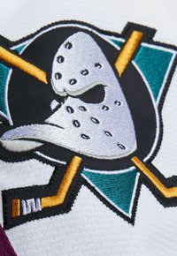 Gesticktes Logo mit einer weißen Eishockeymaske auf schwarzem Hintergrund, umgeben von türkisfarbenen und orangefarbenen Akzenten. Die gestickten Details verleihen Textur.