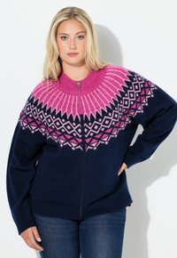 Maglione blu navy con un motivo rosa e bianco sul collo a giro, con scollo rotondo e zip frontale. Tessuto lavorato a maglia con maniche ampie e comode.