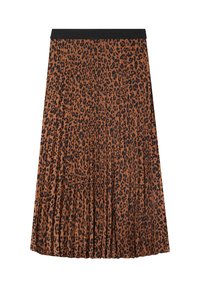 Gonna a pieghe in stampa leopardata in marrone e nero con cintura elastica nera. Realizzata in tessuto leggero, presenta una silhouette svasata.