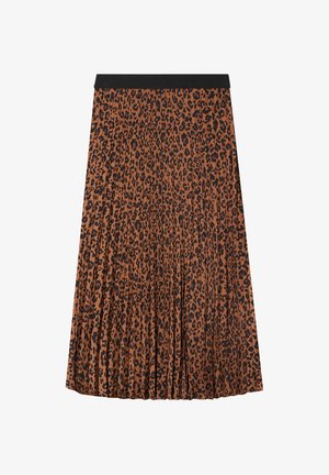 Leopard-Print Plisseerock in Braun und Schwarz mit einem schwarzen Gummibund. Hergestellt aus leichtem Stoff, mit einem ausgestellten Schnitt.