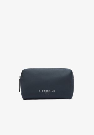 Navy blue nylon cosmetic pouch with a zip closure, featuring white "LIEBESKIND BERLIN" branding on the front and a textured surface.