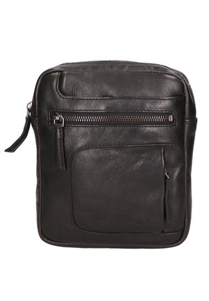 Borsa a tracolla compatta in pelle nera con due tasche frontali con cerniera e uno scomparto principale con cerniera su sfondo bianco.