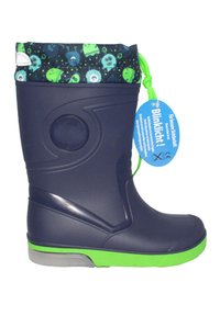Donkerblauwe rubberen laars met een groene zool en accenten. Heeft een gedessineerde rand met cartoonachtige ogen en een trekkoord voor aanpassing.