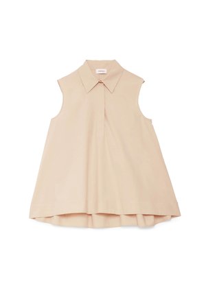 Blouse femme beige sans manches avec col pointu et coupe ample légèrement évasée, présentée à plat sur fond blanc.