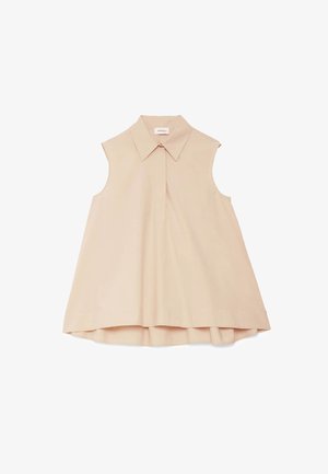 Blouse femme beige sans manches avec col pointu et coupe ample légèrement évasée, présentée à plat sur fond blanc.