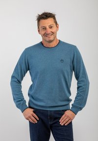 Blauer Rundhals-Pullover aus weichem Stoff, mit langen Ärmeln und gerippten Bündchen, kombiniert mit dunklen Jeans. Kleines Logo auf der Brust.