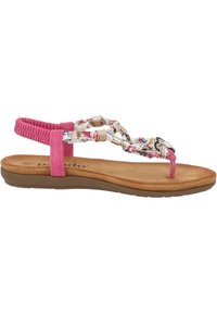 Sandali flat rosa con cinturini floreali intrecciati, dotati di dettagli metallici e una soletta imbottita color tabacco. Design leggero con suola flessibile.
