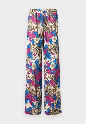Pantaloni a gamba larga con stampa floreale e leopardo. Presentano una vita con coulisse, colori vivaci di rosa, blu e crema, mostrando intricati motivi floreali.
