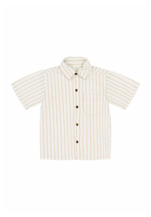 Koszula krótki rękaw, zapinana na guziki w kolorze kremowym z jasnobrązowymi paskami, z kieszonką na piersi oraz brązowymi zapięciami. Wykonana z lekkiego materiału.