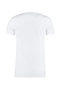 White short-sleeve t-shirt, cotton fabric, crew neckline, smooth texture, standard fit, plain back with no graphic or design details.