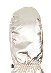 Metalen gouden pufferkap met een gladde, glanzende oppervlakte. Voorzien van een verzameld elastiek aan de onderkant en een opening aan de zijkant voor aanpassing.