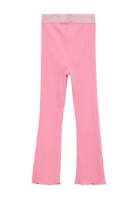 Roze geribde leggings met een glinsterende tailleband, met een uitlopende broekspijpd ontwerp en een gestructureerd oppervlak. Geen zichtbare patronen of hardware.