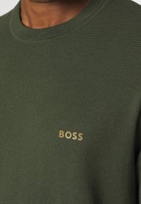 Gros plan d'une personne portant un pull en maille vert olive avec un col rond et le logo "BOSS" sur la poitrine en lettres beiges.