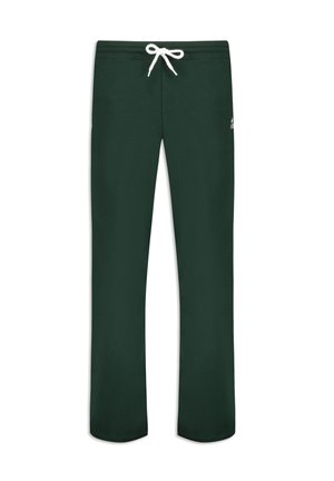 Green sweatpants made of soft fabric, featuring a straight-leg design, elastic waistband with white drawstring, and a small logo on the side.