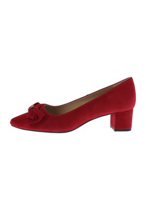 Red suede low-heeled pump with a block heel and decorative bow on the pointed toe.