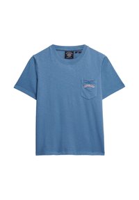 Katoenen T-shirt in lichtblauw met een ronde hals en korte mouwen. Beschikt over een borstzakje links met "SUPERDRY" geborduurd in oranje.