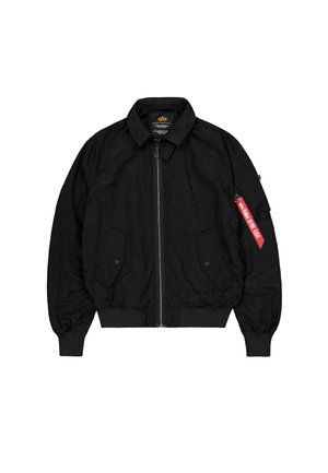 Black bomber jacket featuring a zip front, two side pockets, ribbed cuffs, and a side arm pocket with a red tag detail.