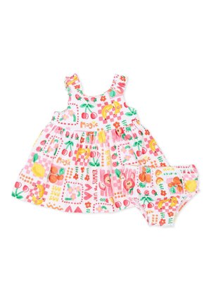 Mouwloos kleuterkleedje en bijpassende bloomer met kleurrijke fruit- en bloemenpatronen, roze geruit achtergrond en zomerse teksten.