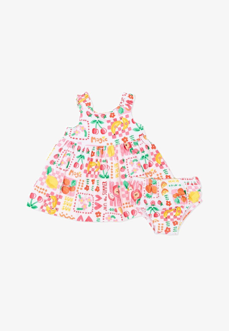 Mouwloos kleuterkleedje en bijpassende bloomer met kleurrijke fruit- en bloemenpatronen, roze geruit achtergrond en zomerse teksten.