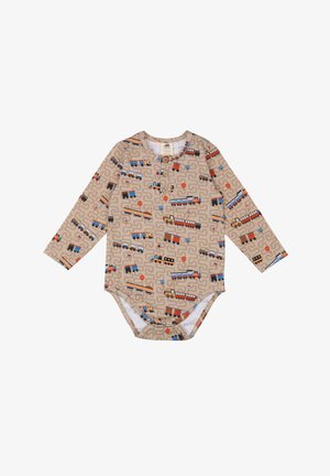 Long-sleeve onesie made of beige fabric with a colorful train pattern, featuring brown buttons down the front and a snap closure at the bottom.