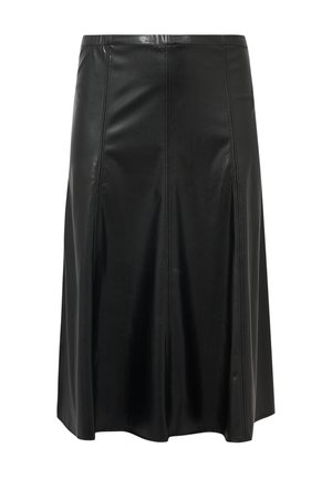 Jupe en cuir noir avec une forme évasée, présentant des détails de coutures et une texture lisse et brillante. Pas de fermetures ni de motifs visibles.