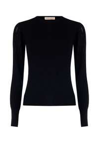 Schwarzer gerippter Strickpullover mit langen transparenten Ärmeln und strukturierten Details. Rundhalsausschnitt mit eng anliegendem Bündchen. Schlichter und eleganter Stil.