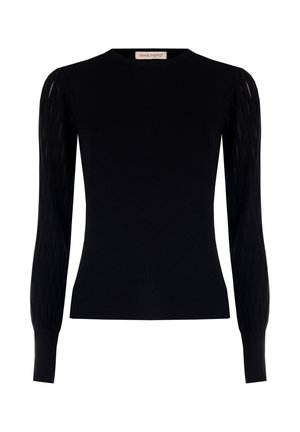 Maglione nero a costine con maniche lunghe trasparenti e dettagli testurizzati. Design a girocollo con polsini aderenti. Stile semplice ed elegante.