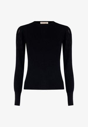 Maglione nero a costine con maniche lunghe trasparenti e dettagli testurizzati. Design a girocollo con polsini aderenti. Stile semplice ed elegante.