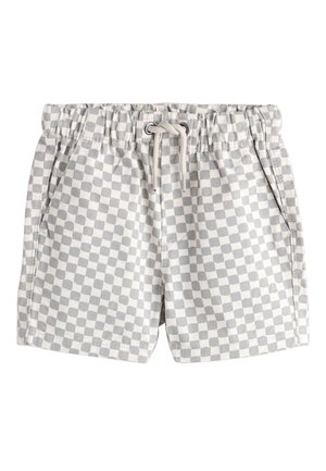 Graue und weiße karierte Shorts mit elastischem Bund, Taschen vorne und weißem Kordelzug in der Mitte.