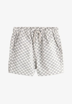 Szorty z elastycznym paskiem w szaro-białą kratę, z przednimi kieszeniami i białym sznurkiem do wiązania na środku.