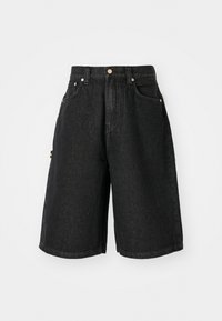 Black denim shorts with a high waist, featuring a button closure, two front pockets, and a side pocket with contrasting colors.