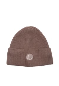 Braune gerippte Strickmütze mit umgeschlagenem Bund, vorne mit einem kreisförmigen, gestickten Smiley in Cremefarben.