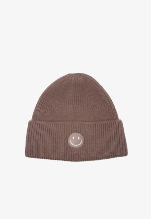 Brown ribbed knit beanie with a folded cuff, featuring a circular, embroidered smiley face in cream on the front.