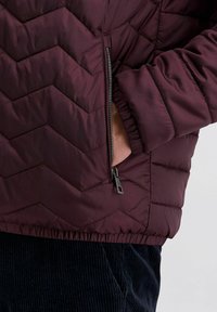 De hand van een persoon in de ritssluiting van een kastanjebruine gewatteerde jas met elastische mouwen en zoom, gekleed in donkere corduroypantalons.