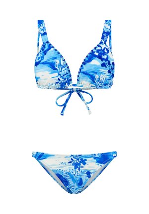 Sinine trükitud bikini, millel on kolmnurkne tipp, millel on helmestatud aktsendid ja seotud sulgemine, koos vastava madala kõrgusega alusega.