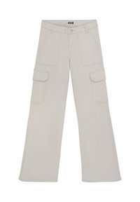 Ljust grå cargobyxor i en bomullsblandning, med vid ben design, två sidofickor och två cargofickor på låren.