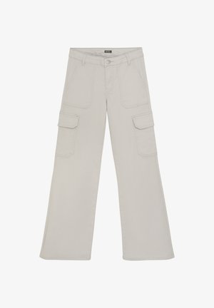 Lichtgrijze cargobroek gemaakt van een katoenmix, met een wijde pijpenontwerp, twee zijzakken en twee cargozakken op de bovenbenen.